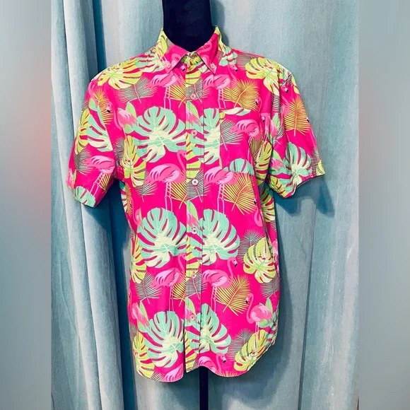 Massive Flamingo Hawaiian Shirt Size Small Pink Green Bright Button Up - Picture 1 of 13
